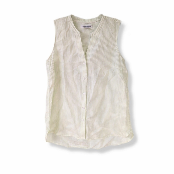 Tommy Bahama Women's Sunshine Waves Green Stripe Linen Button Front Top - Picture 1 of 14